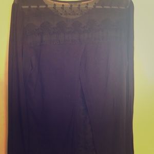 Navy Blue Lacy Geometric Sheer Long Sleeve Top